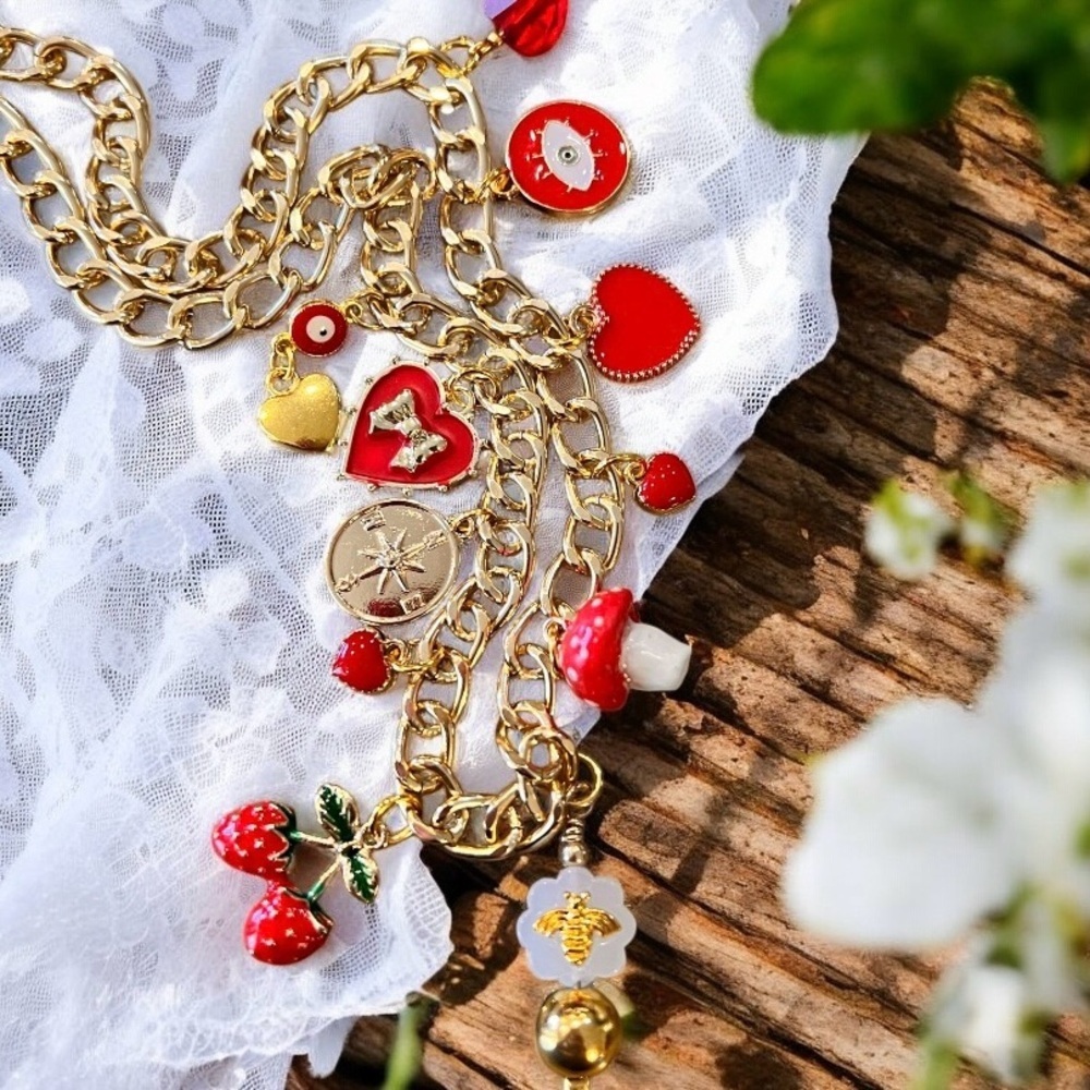 Gold Toned and Red Charm Necklace Enamel Glass Ceramic Crystal 20” - Picture 10 of 17